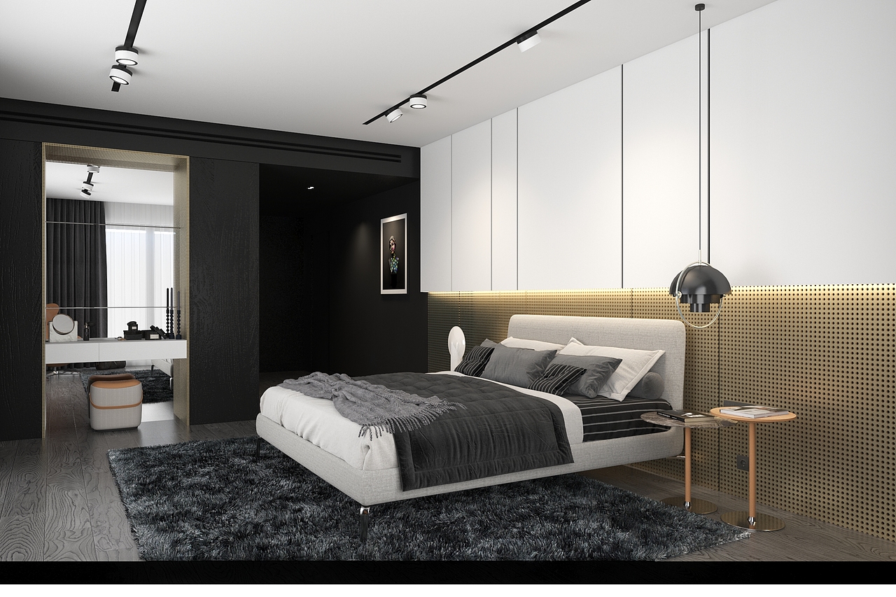 将梳妆台嵌入墙体,落地玻璃使化妆镜兼具试衣镜的功能,同时凹陷区域的纵深感被大幅放大,犹如通向另一个空间的通道。