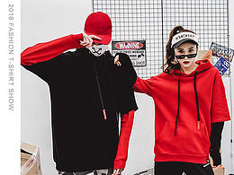 天气转凉，潮牌假两件连帽套头卫衣，男女情侣装