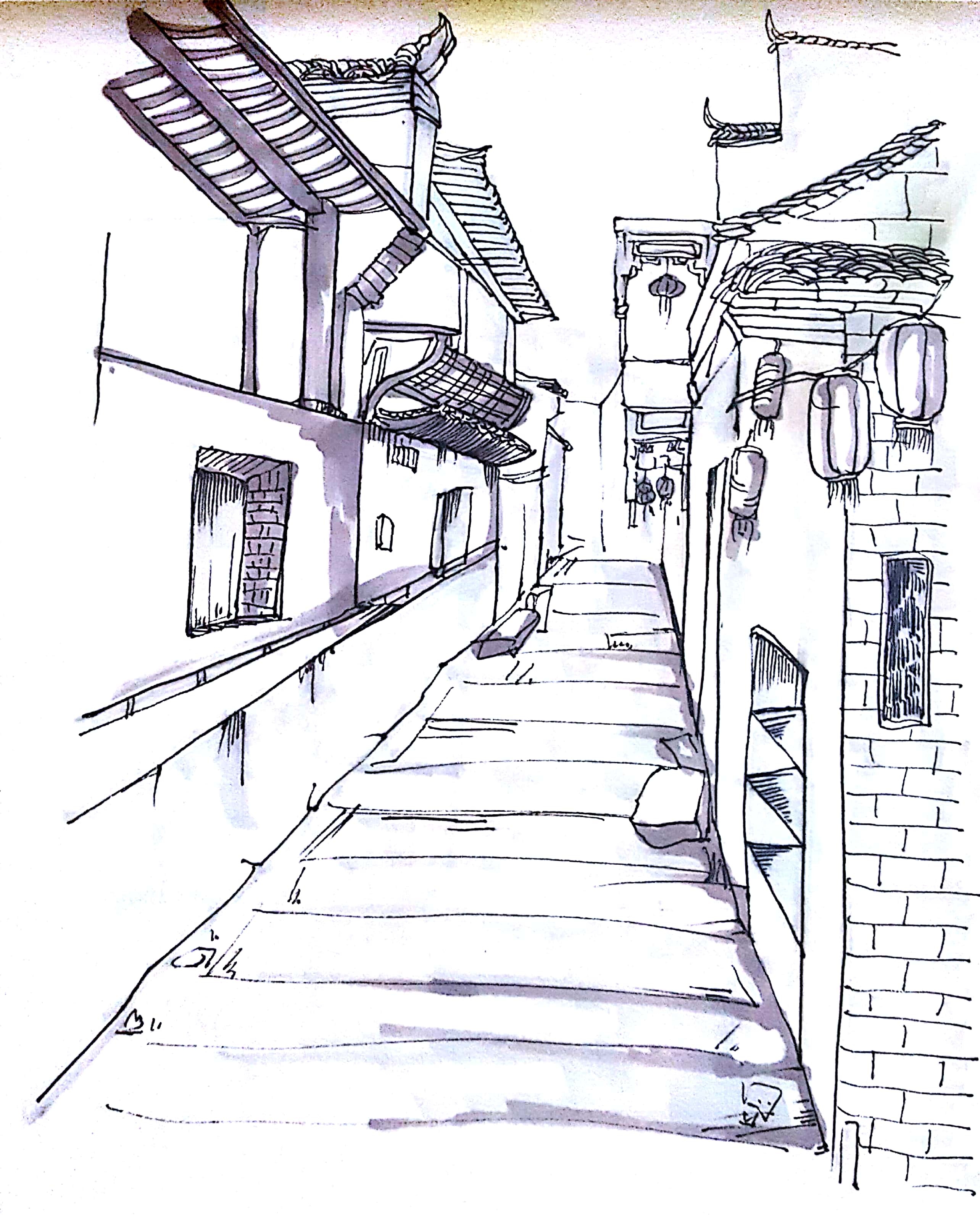 宏村素描建筑物图片