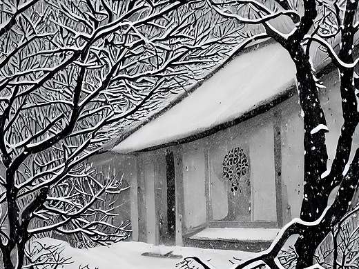 #AI创作实验室#天空飘着雪，一棵老桂花树，上面有积雪