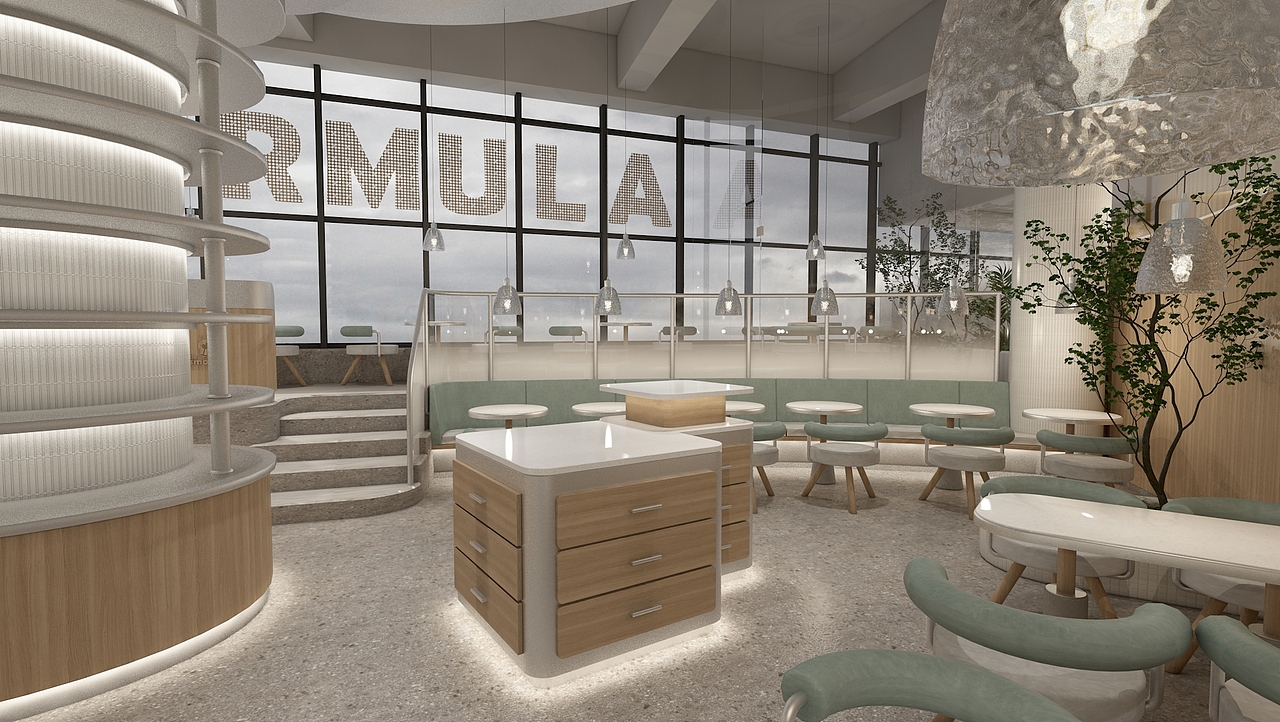 不规则造型的备餐柜的灵感来此于科学研究所使用的工具柜，加强了空间的科学氛围。