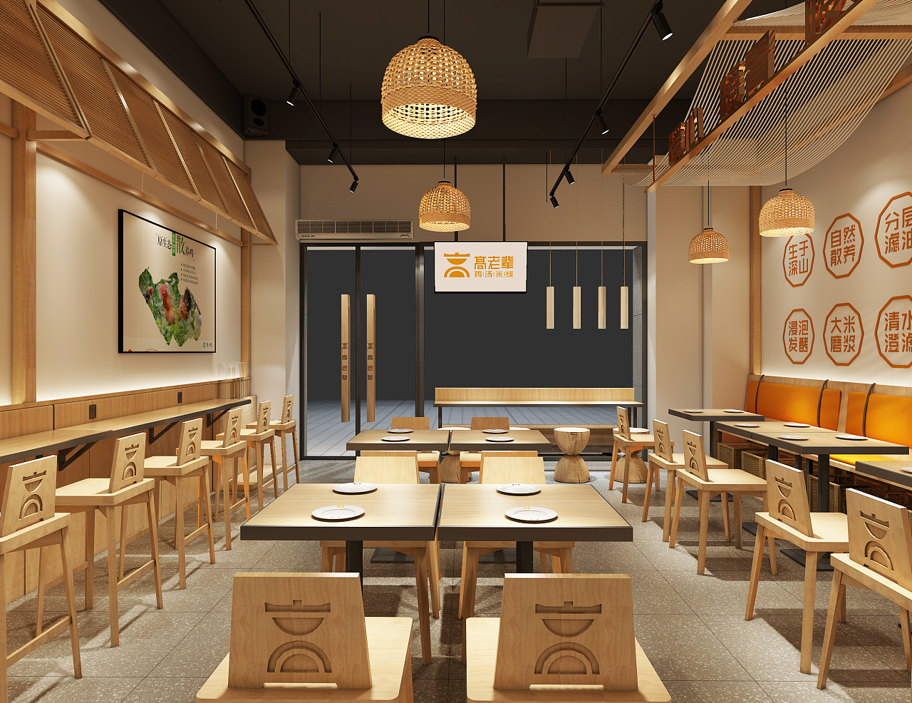 明档厨房正对着散座区,充分展示了鸡汤米线的制作过程,拉近了店家和