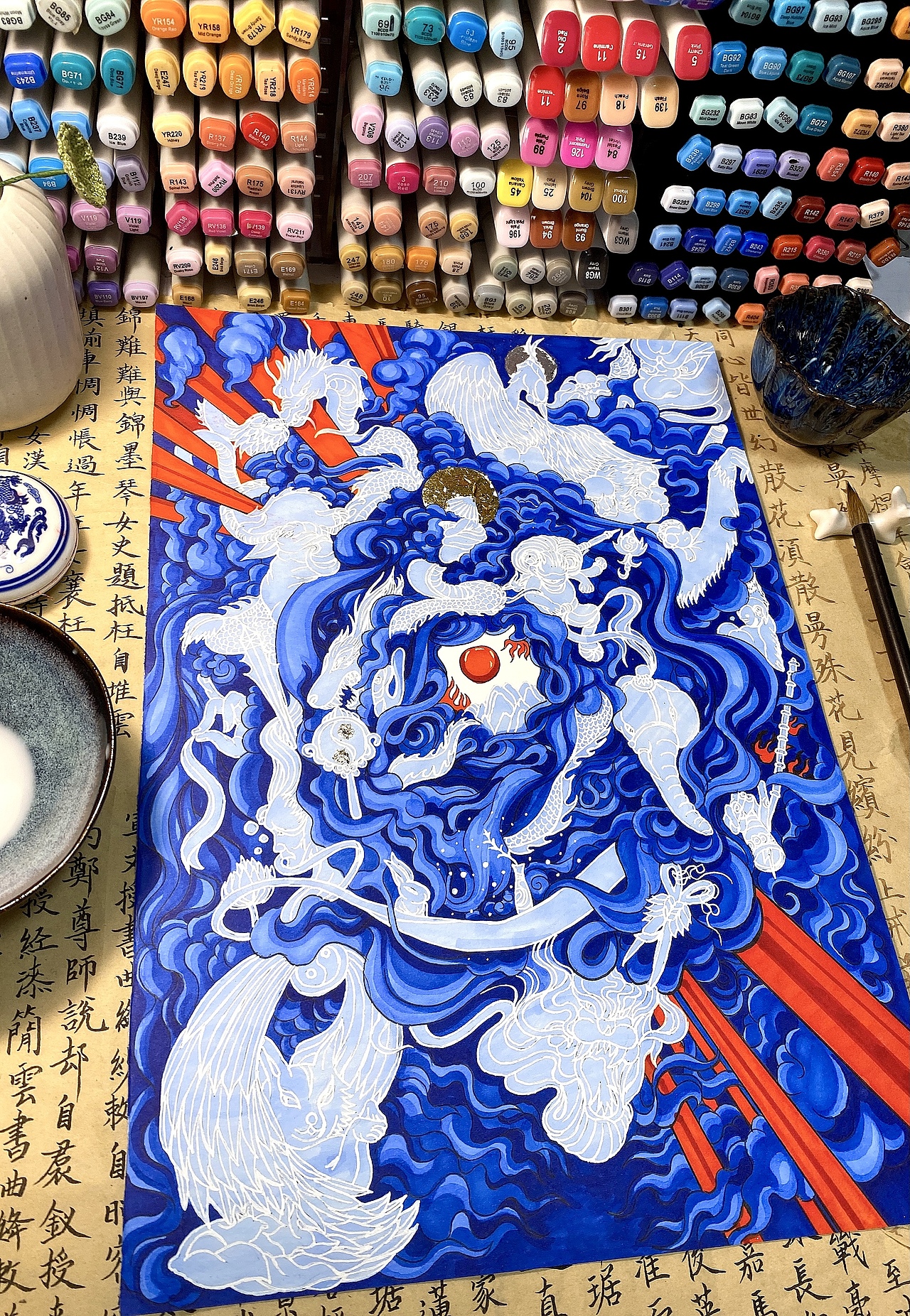 分享收藏水彩清明节插画手绘马克笔漫画火流和冰花手绘仙女戏龙头蓝