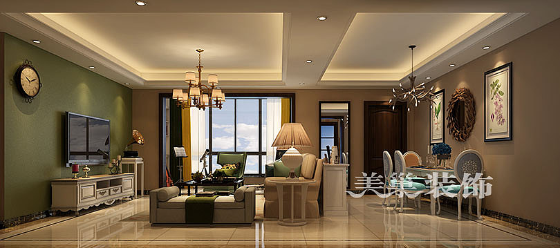 金域上郡装修效果图130平美式乡村风格三室两厅设计---客餐厅