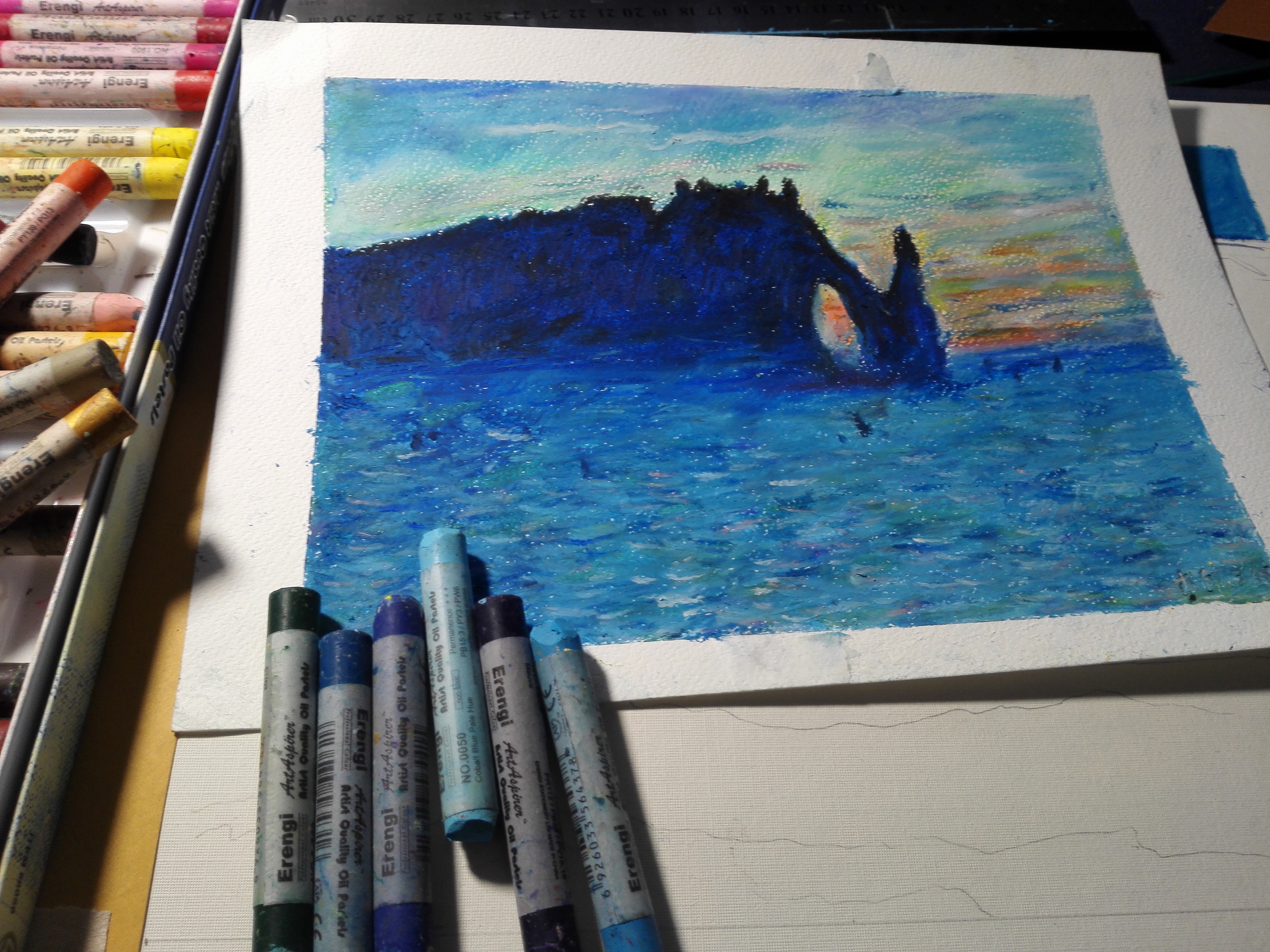 用油画棒感受印象派 莫奈象鼻山