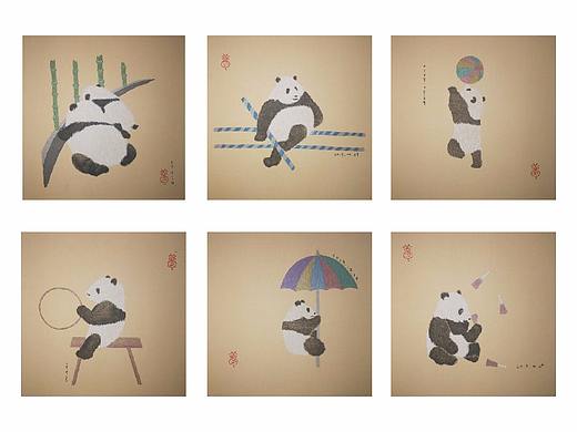 工笔重彩 插画形式 《嬉戏之熊猫系列》-纸本彩墨