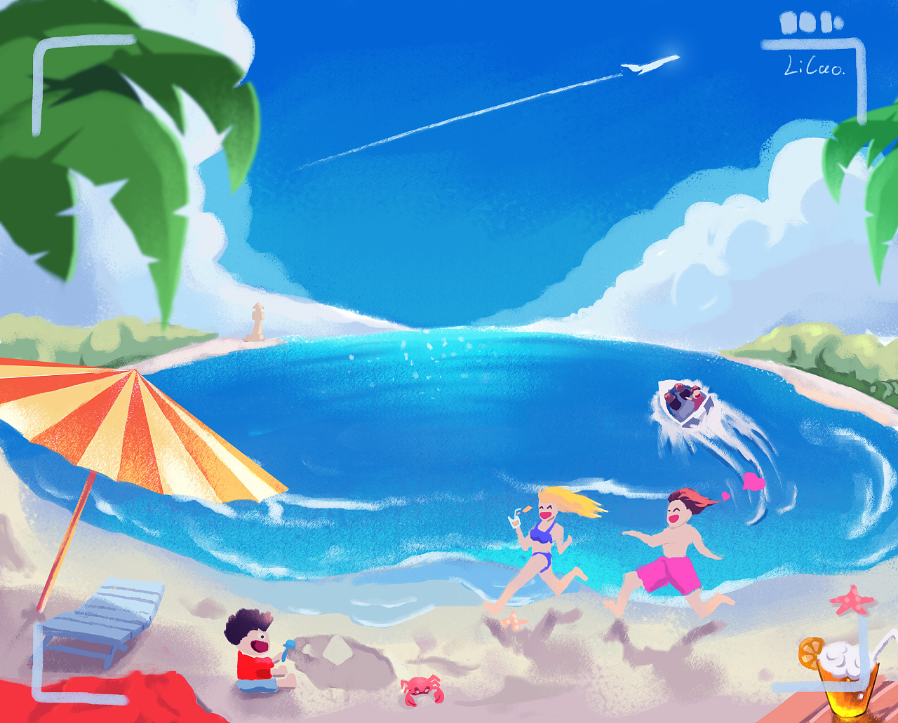 夏天夏季孩子海边堆沙堡游戏童趣小清新插画图片-千库网