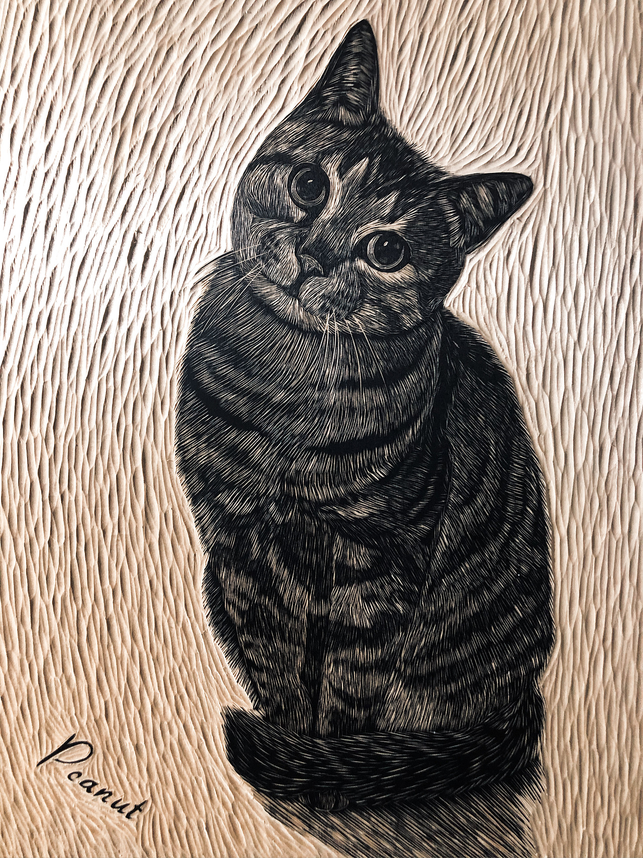 手工雕刻猫咪黑白木刻版画