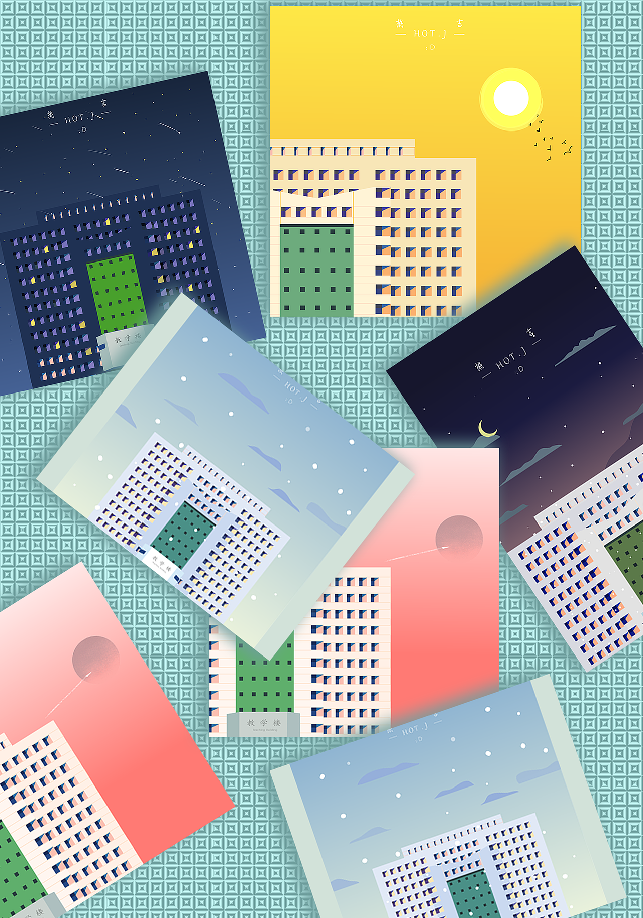 AI扁平风学校建筑插画(附样机)