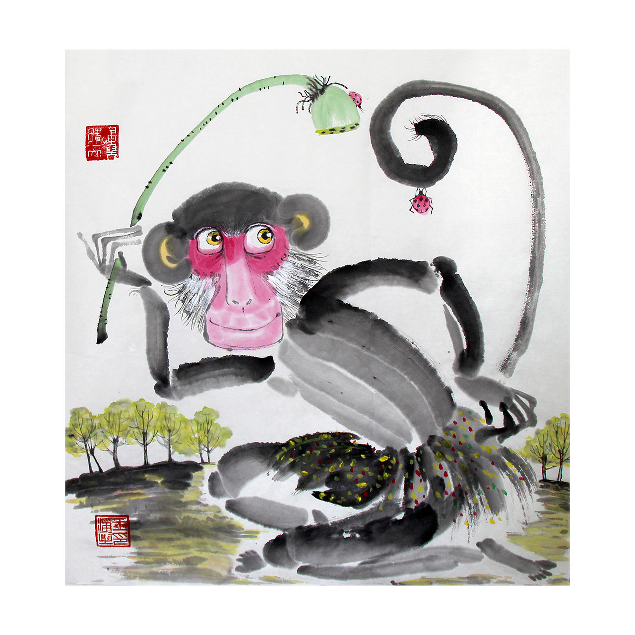 画儿晴天猴年生肖创意纸本水墨画