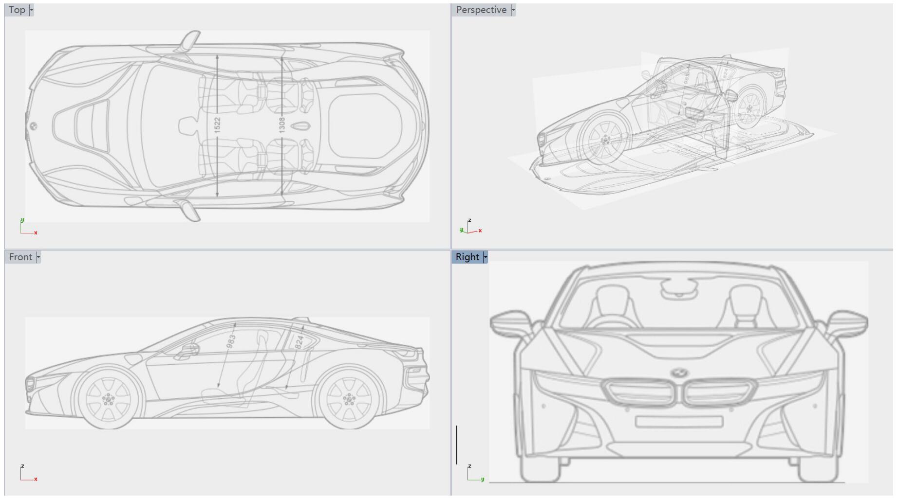 bmw i8案例建模分享 三视图 step:2 绘制主要的特征线,尽量用5阶曲线