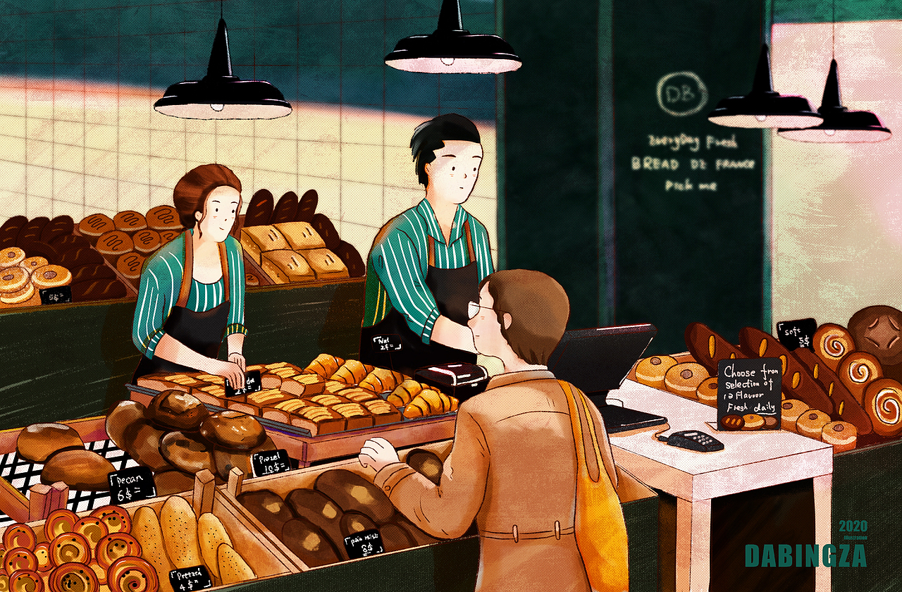 国外的集市面包摊一直是我想去逛的地方,没有去过的地方,用画笔也要丈量。速写头像中的男生1出现,职业是面包师。