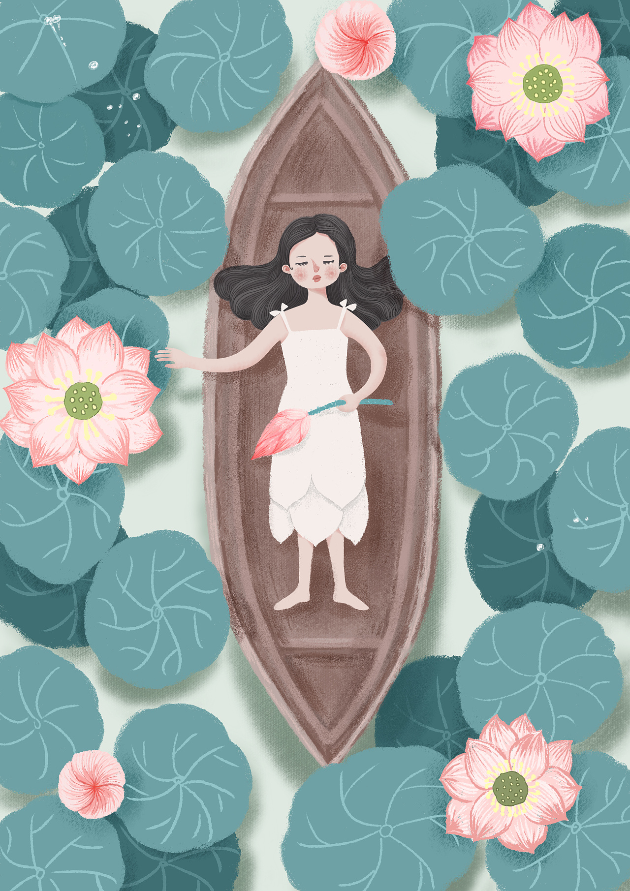 夏季穿白裙的小女孩儿躺在荷花池的木船上|插画|创作习作|遍地绿萝