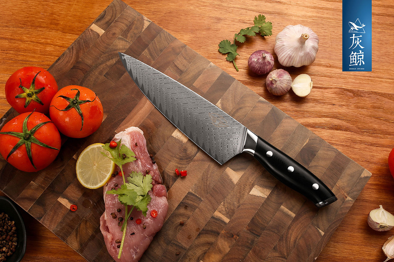 大马士革厨师刀具西式菜刀产品图场景拍摄