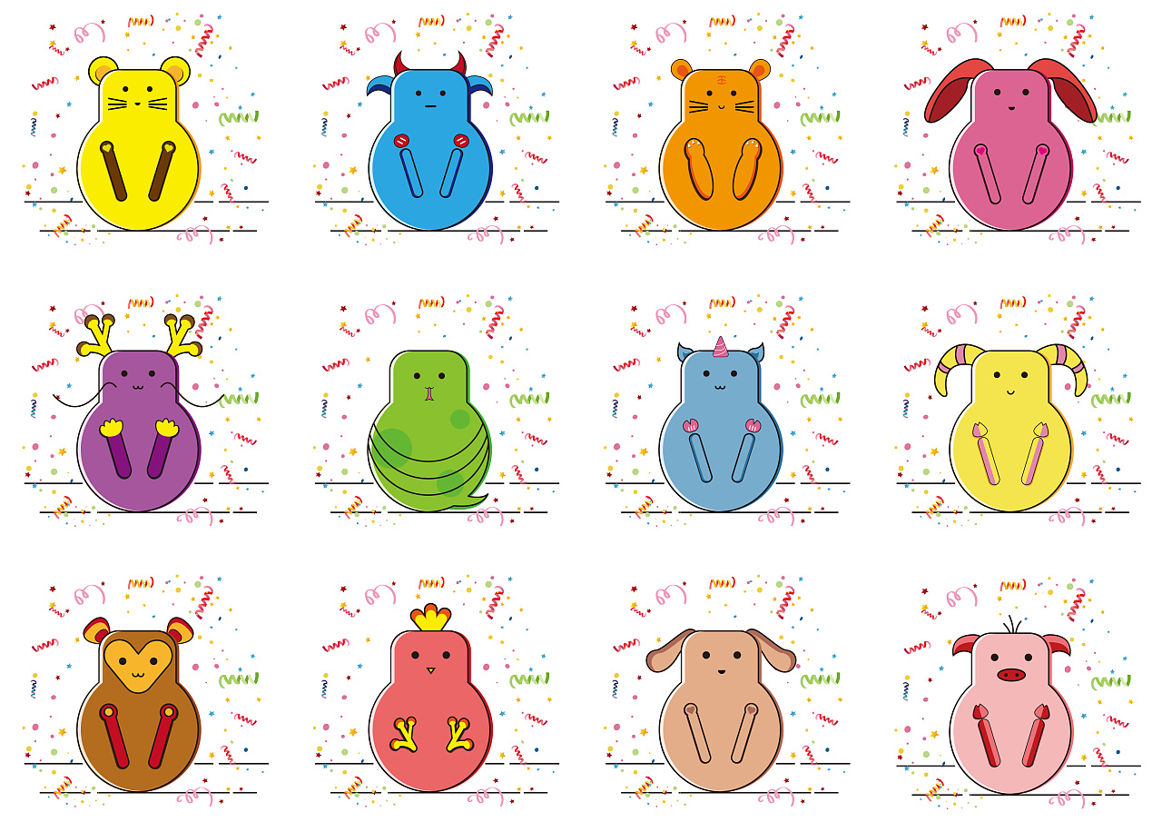 突发奇想,创做了一组十二生肖的卡通形象.