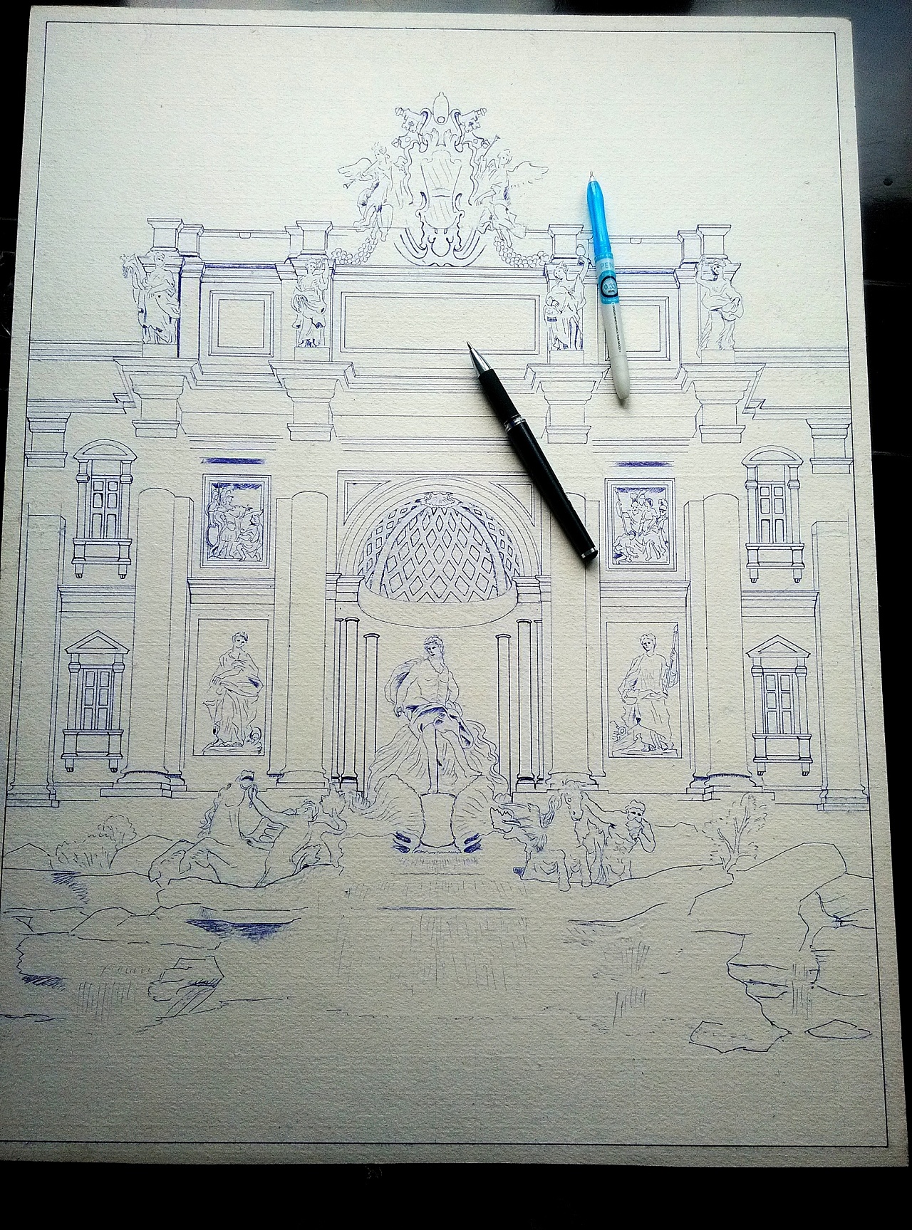 圆珠笔画作品《许愿池下》,60.2cm*45cm,版画纸,八月份所作.