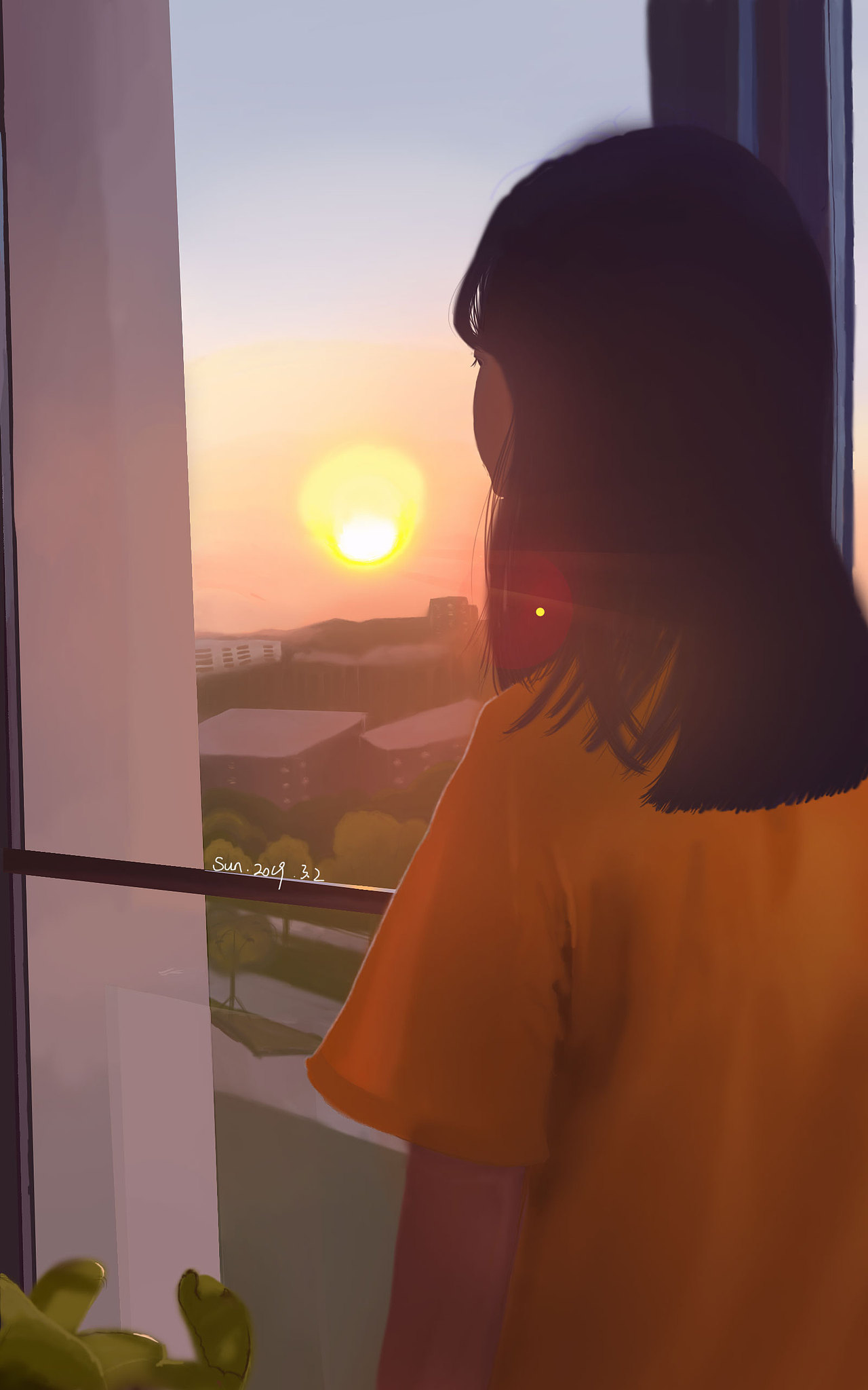 夕阳下夕阳中吧的背影手绘