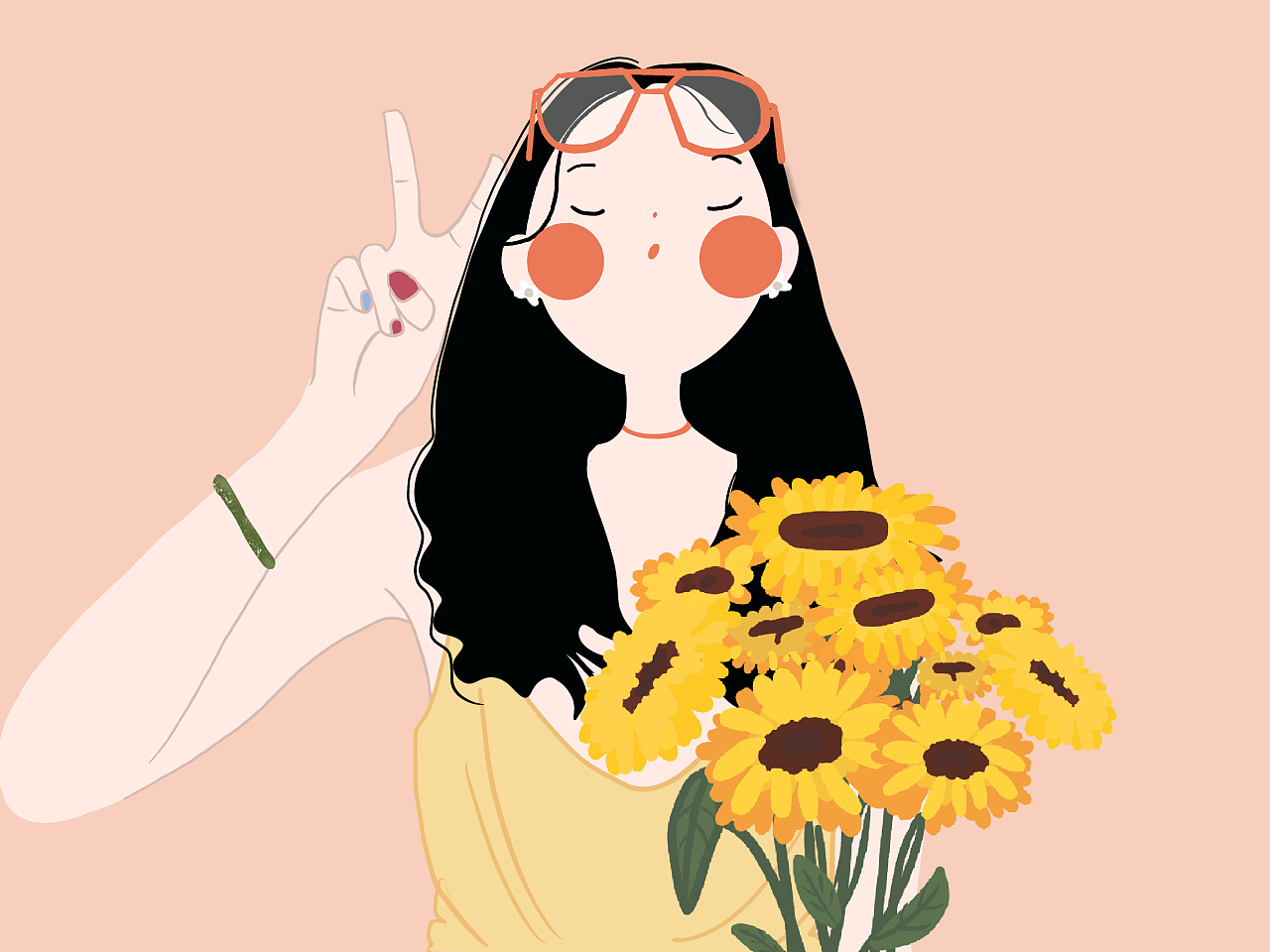 原创插画头像|捧花女生