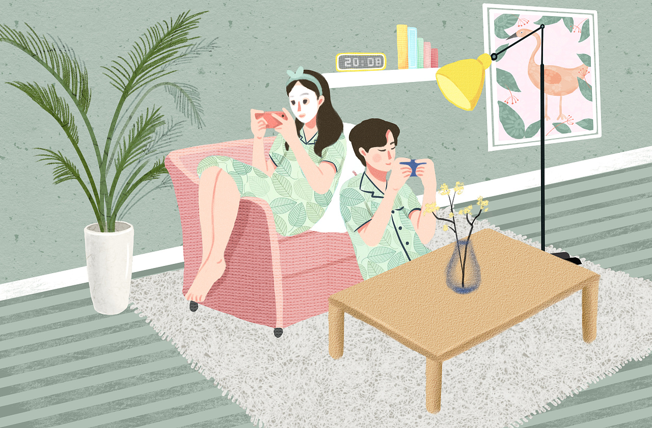 两夫妻的清晨生活插画图片-千库网