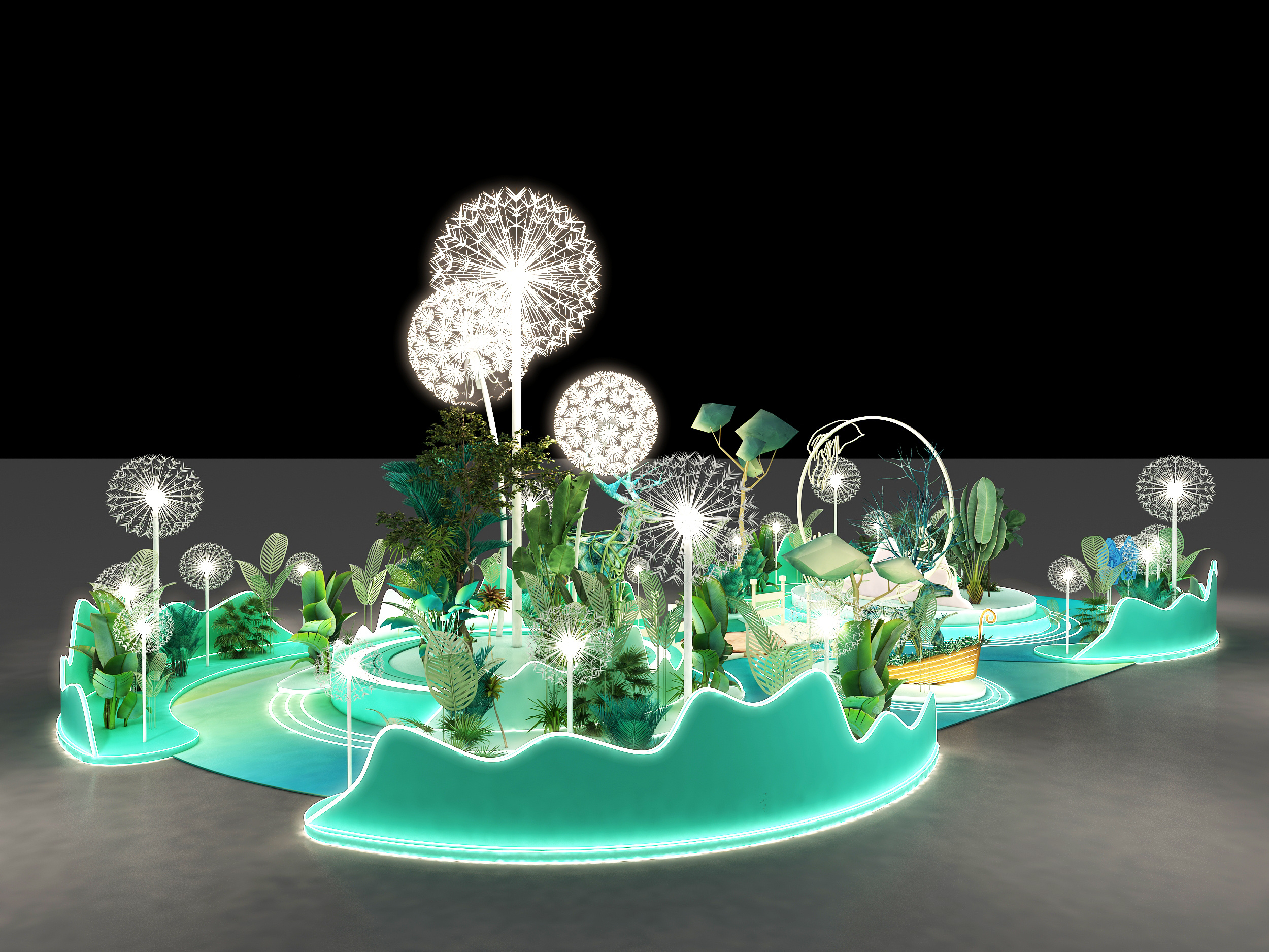 3d效果图绿色森林美陈拍照打卡区设计