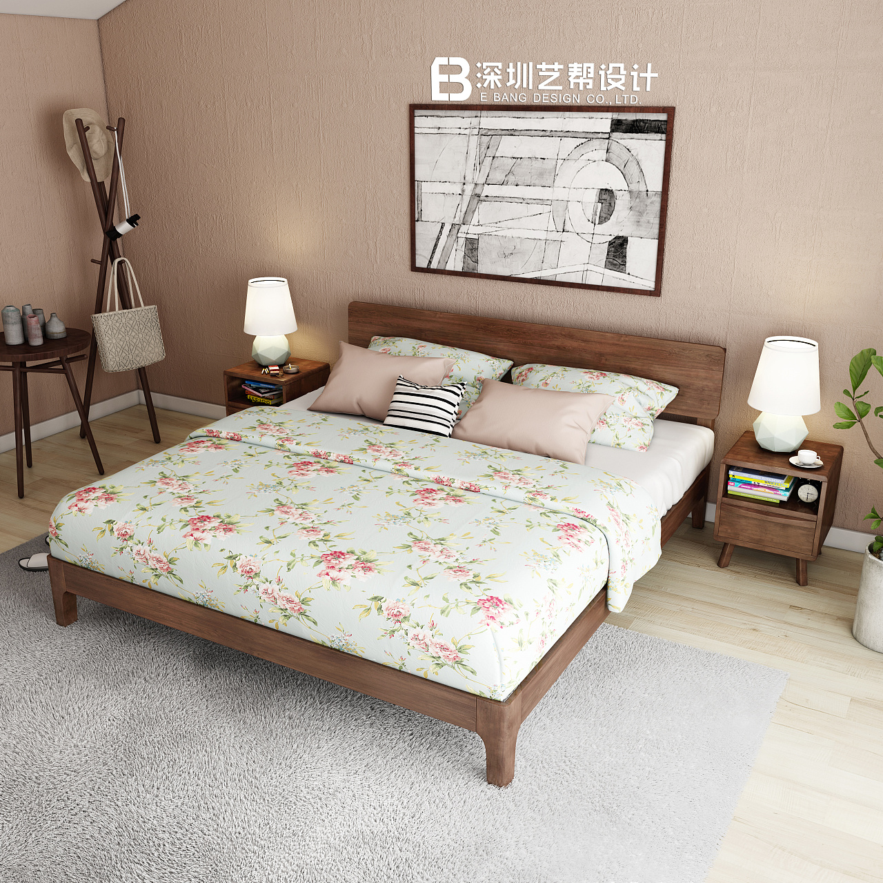 美式风格卧室实木床设计效果图_装信通网效果图