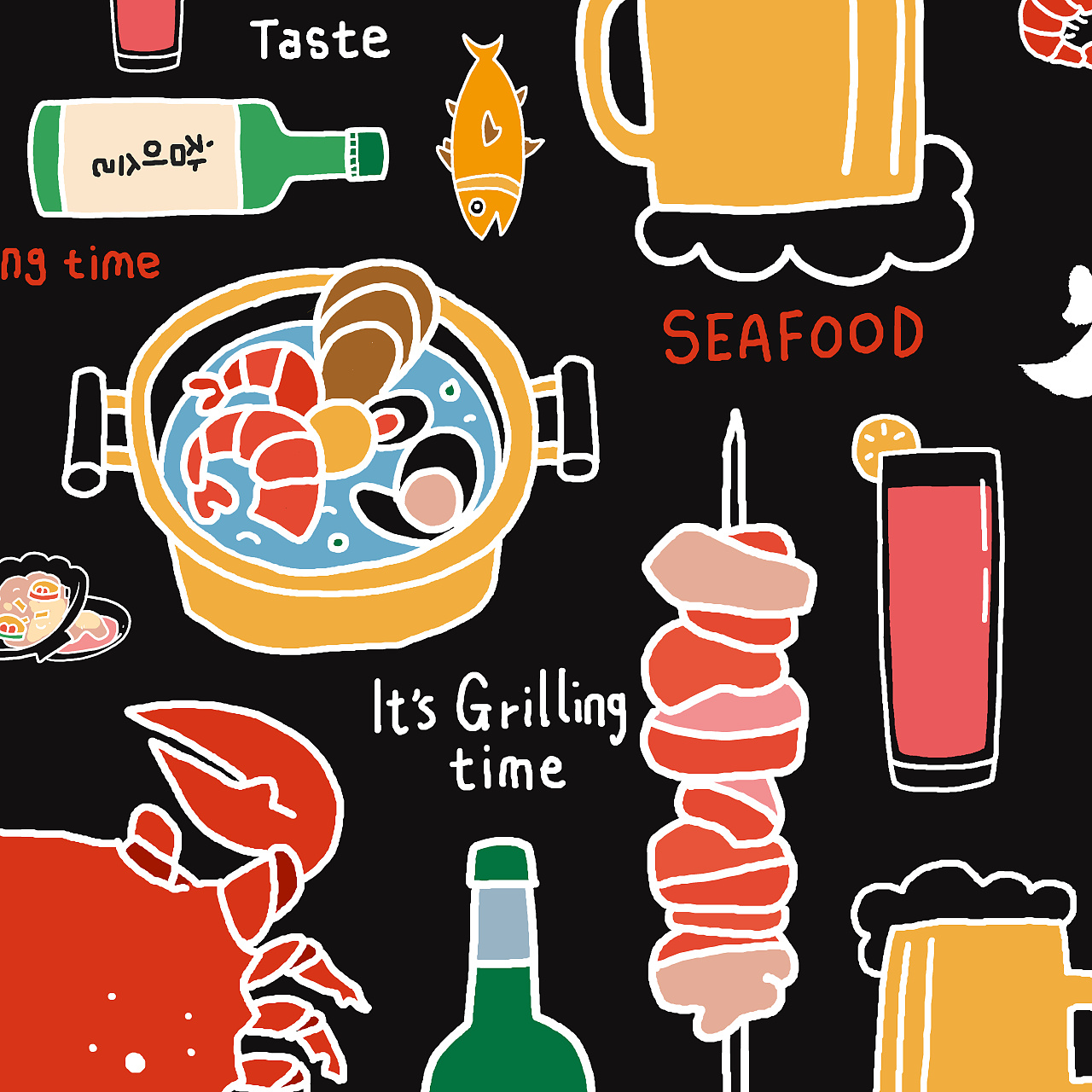 商业插画火匠韩式烤串烤海鲜餐饮插画设计