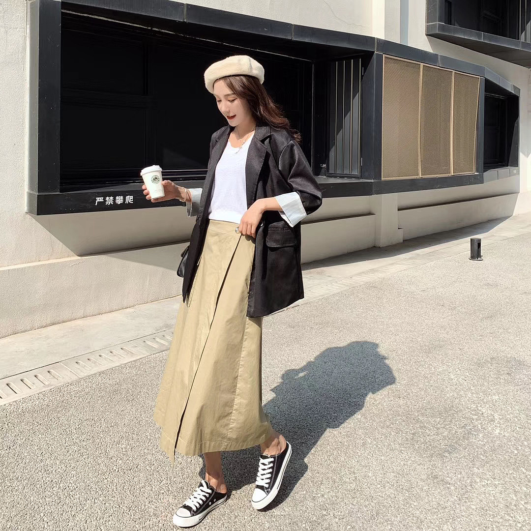 模特研一港风裙 ins超火过膝裙 帆布裙 外景拍摄
