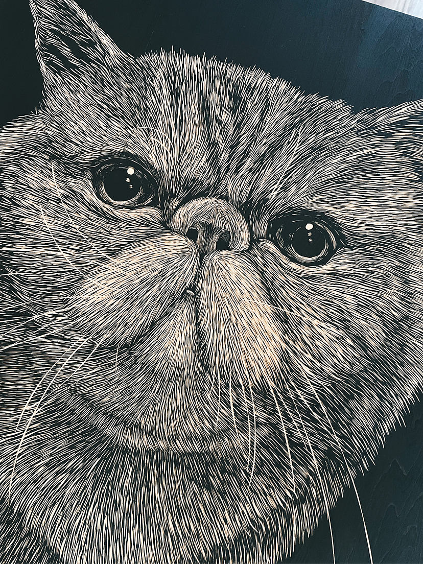 手工雕刻黑白木刻版画·猫咪
