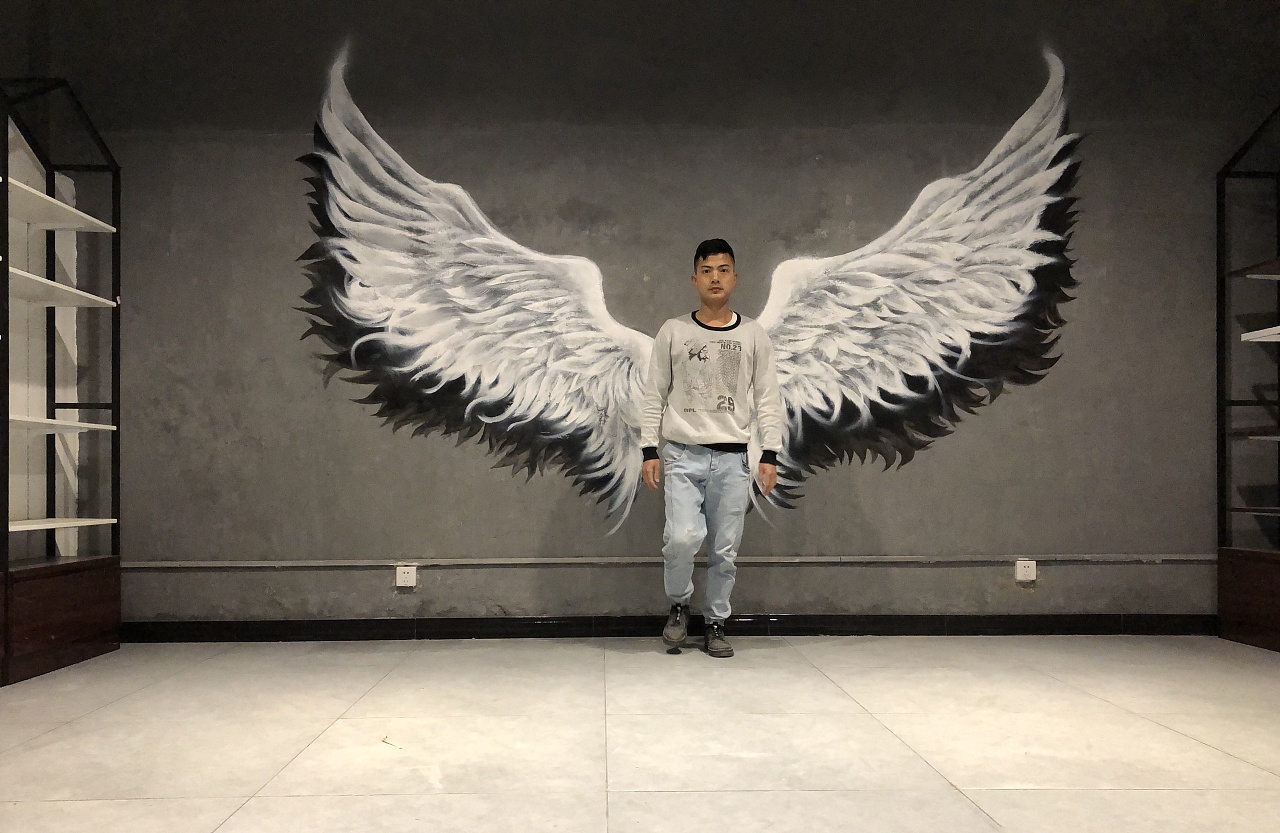 翅膀合拍手绘餐饮店背景墙