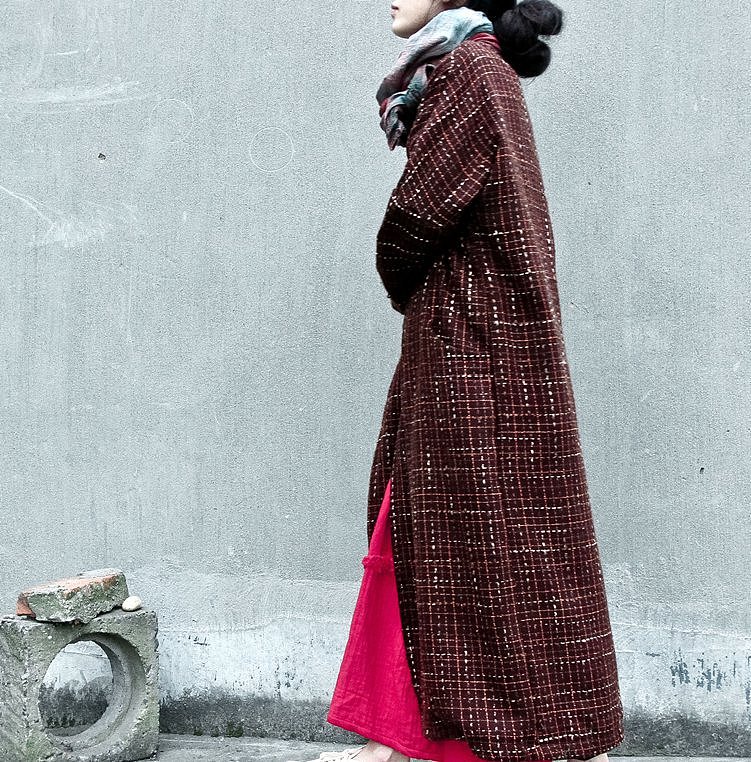 毛呢开衫外套 棉衣棉服红棕色格子