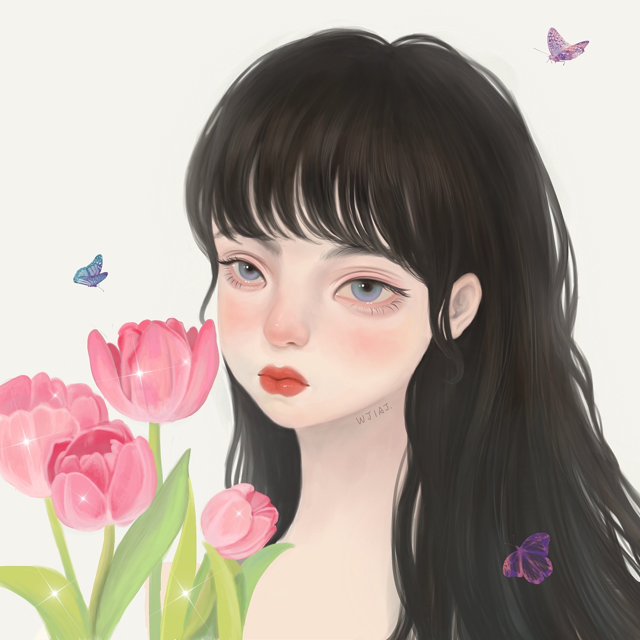 插画郁金香少女