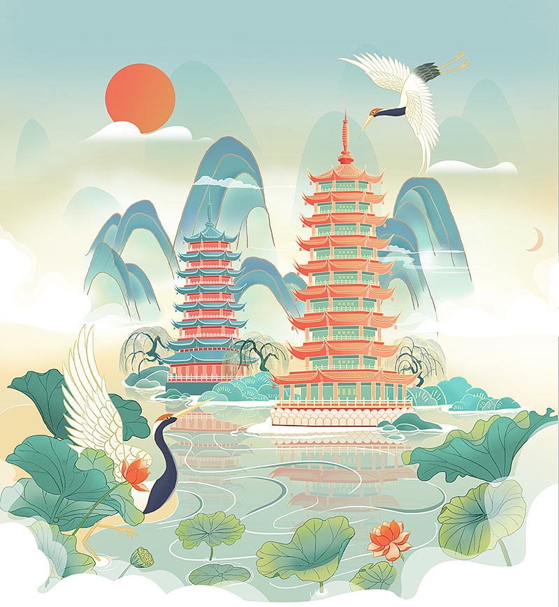 桂林-日月双塔|插画|商业插画|鹿吼吼_原创作品-站酷zcool