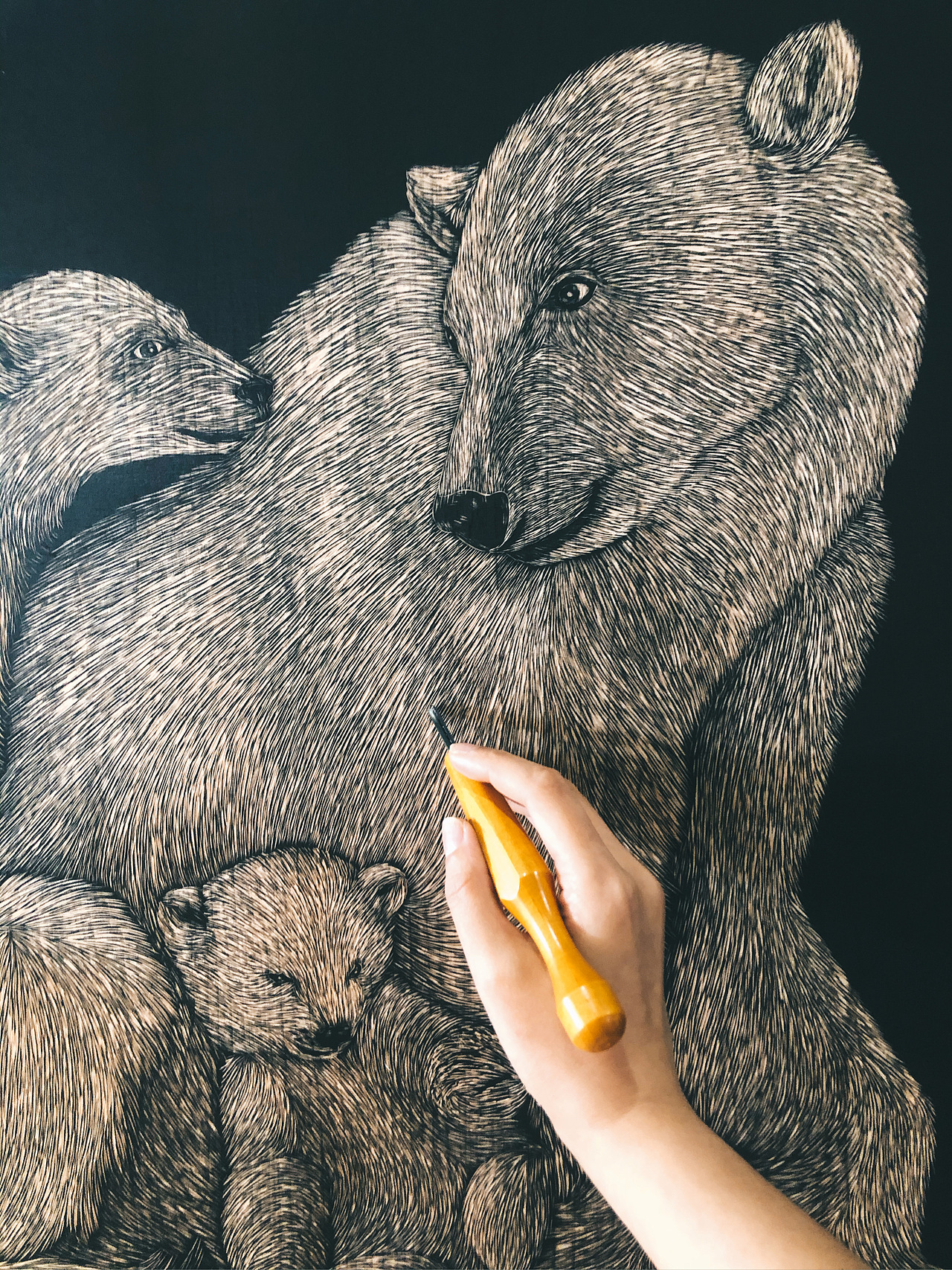 原创手工雕刻黑白木刻版画【北极熊】