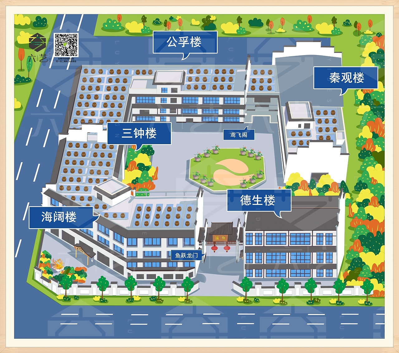 鱼跃厂区导览卡通手绘地图插画