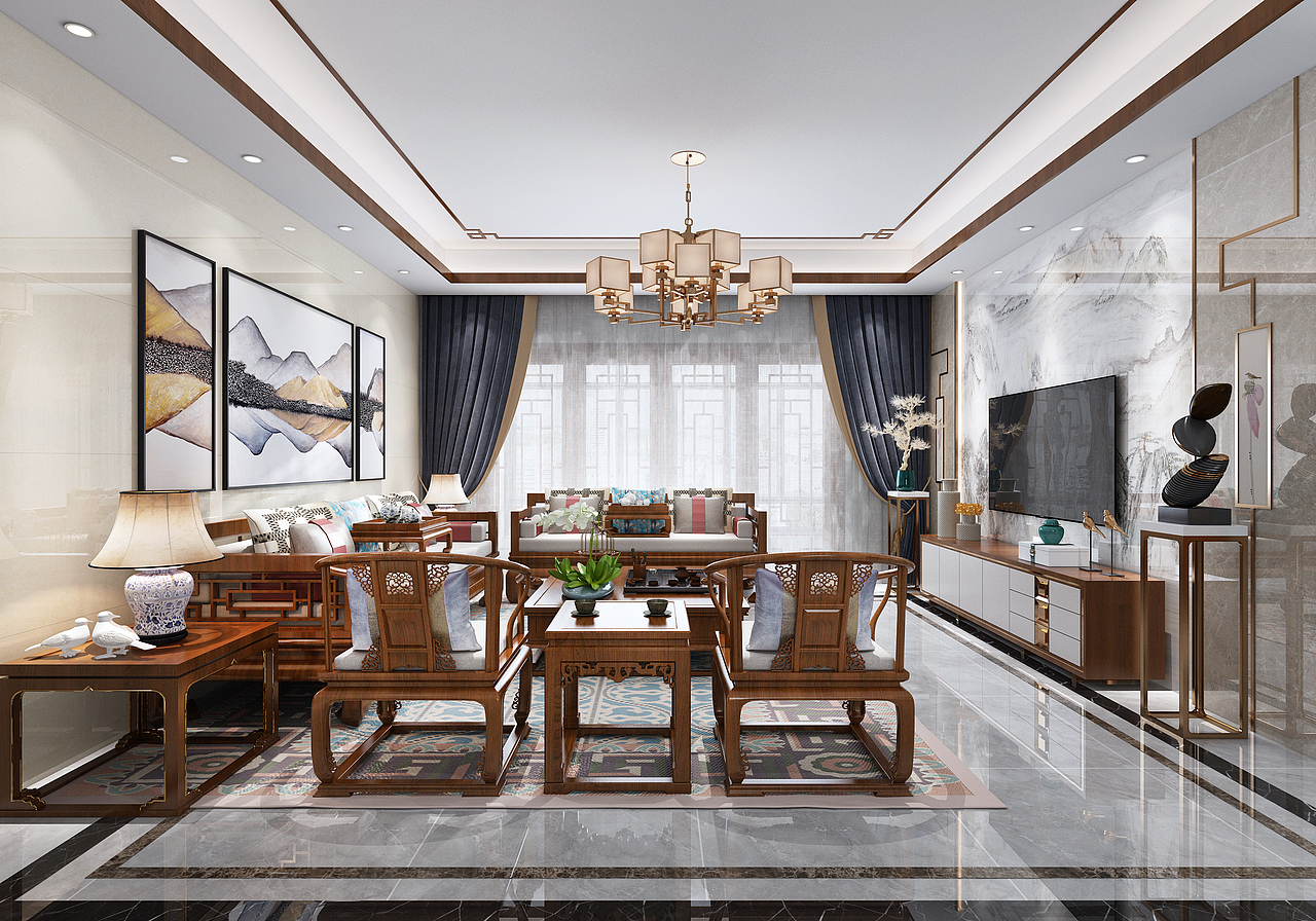 新中式平层全屋效果图（图ZMjI3MTQ1MzQw） - 家装设计 - 站酷设计师陈轩15956513871原创素材 - 站酷ZCOOL