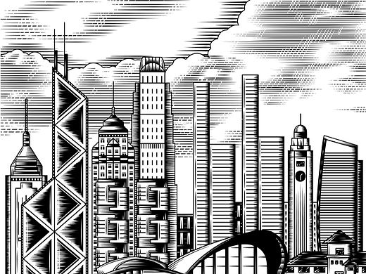 香港 俄罗斯 城市建筑 版画插画手绘