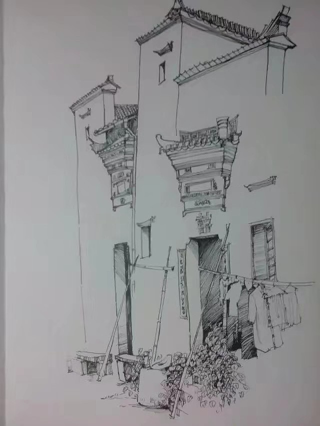 风景速写水性笔水彩