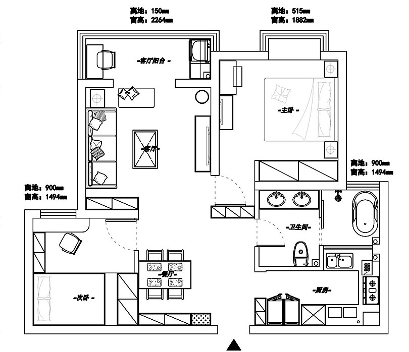美巢汇泉西悦城74平两室两厅户型装修设计家具图