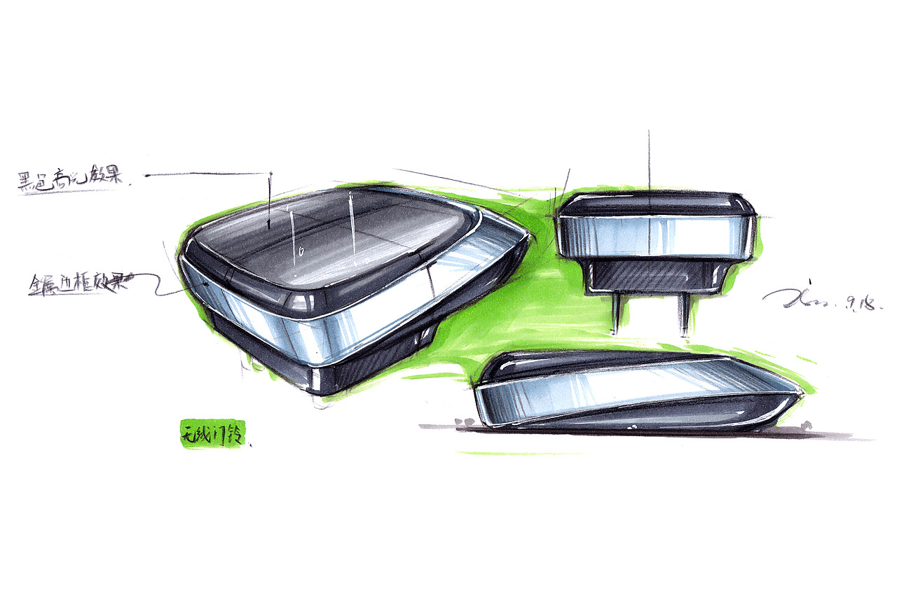【最终效果草图】是对方案草图阶段的诠释,主要是设计师用于方案之间选定筛选的一种表现形式。通过与公司决策者、客户之间进行阐明设计特点,就行最终决策。随着电脑科技的进步,计算机辅助工业设计的普及,最终效果图的表达,不单单局限于手绘表达。设计师应根据设计周期、以及客户的需求,进行选择性的使用。(无线门铃最终效果草图方案)
