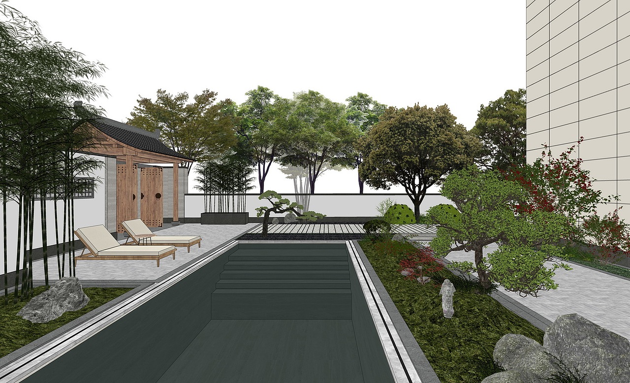 现代别墅庭院景观SU模型下载