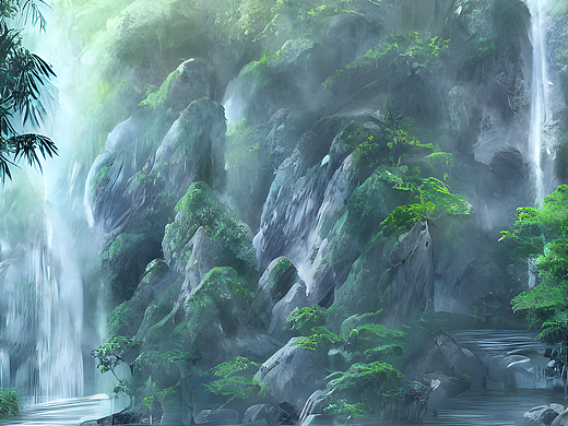 #AI创作实验室#竹林，瀑布下的小河，中国古风建筑，，