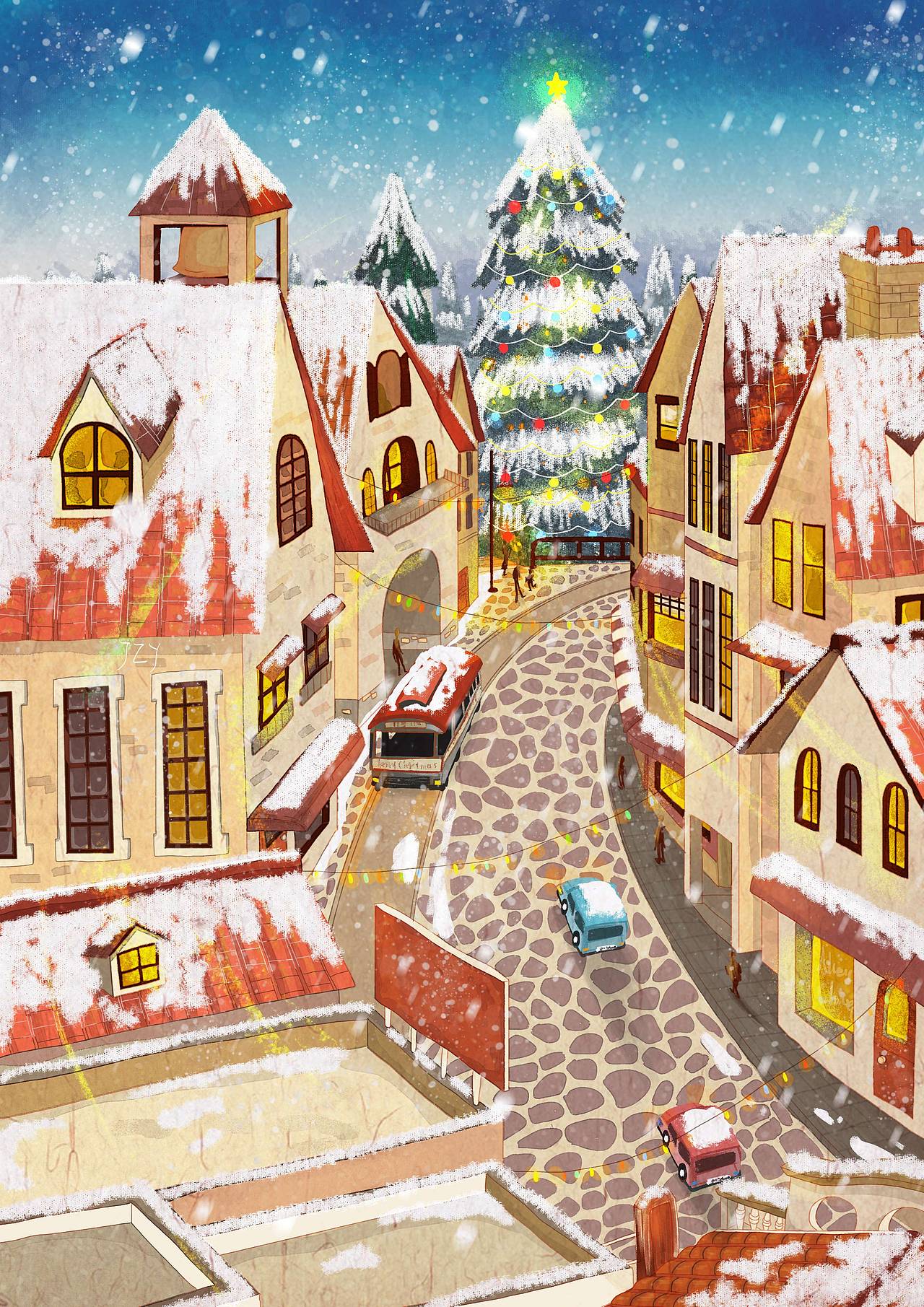 夜幕即将来临的圣诞小镇