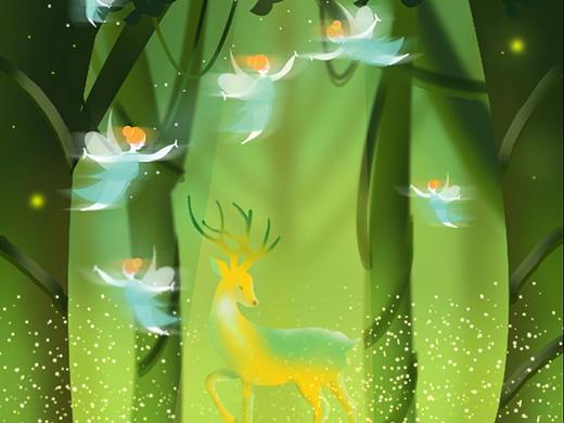 唯美荧光森林插画 麋鹿 小精灵