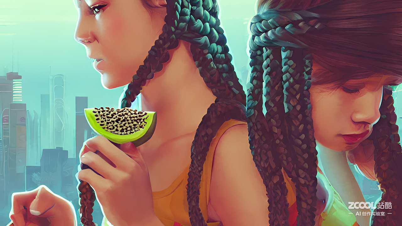 #AI创作实验室#扎着麻花辫的女孩在剧场嗑瓜子