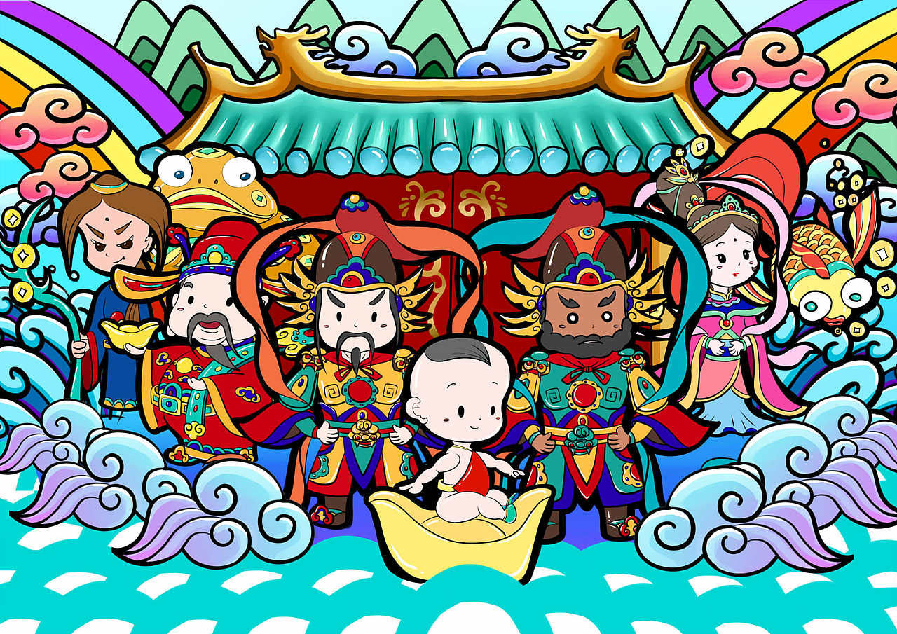 朱仙镇木版年画动漫化造型:秦琼,敬德,招财童子,天仙娘娘,财神,刘海