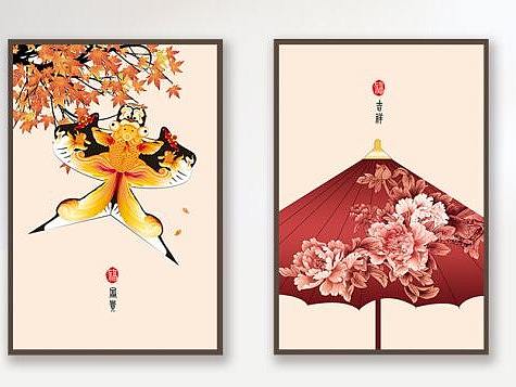 民俗现代简约手绘工笔新中式装饰画