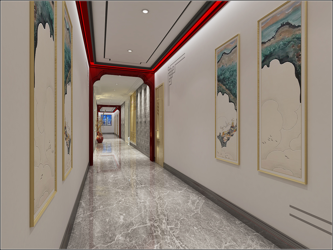 H07-0420现代新中式酒店客房走廊3d模型下载-【集简空间】「每日更新」