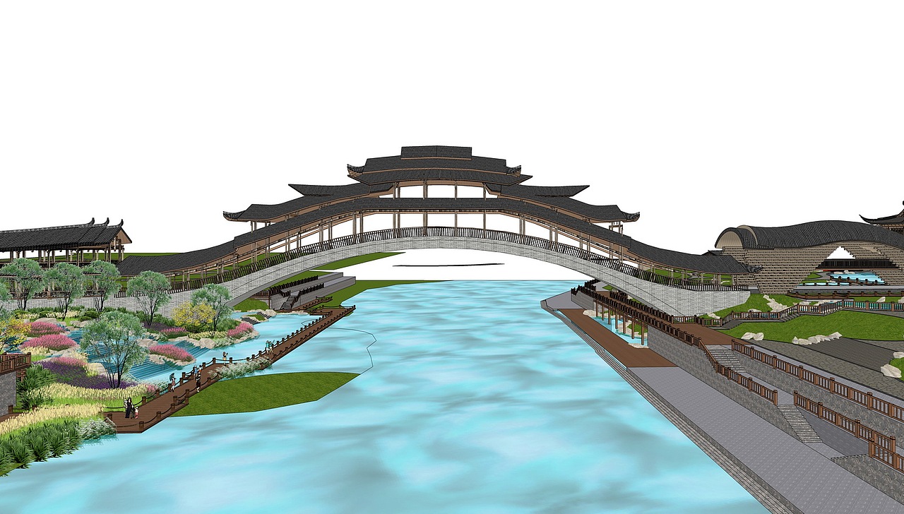 中式廊桥风雨桥su模型下载