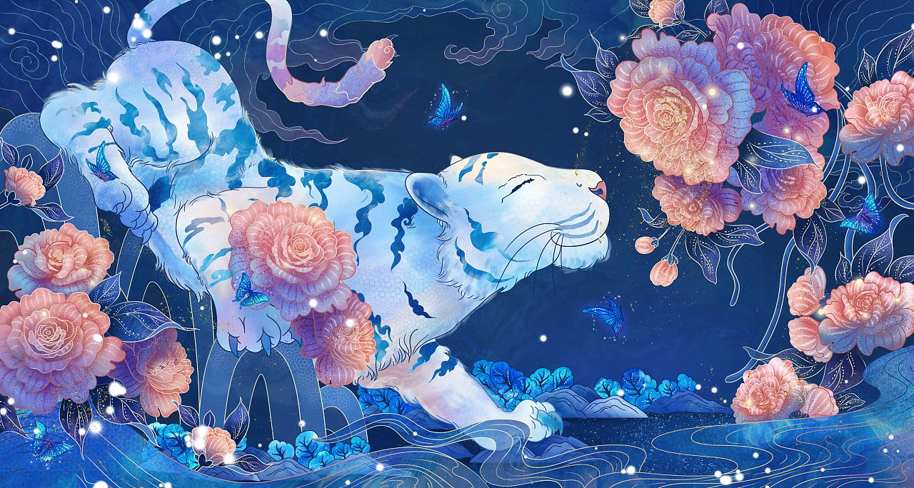 唯美国风插画 kv——心有猛虎 细嗅蔷薇/美陈插画