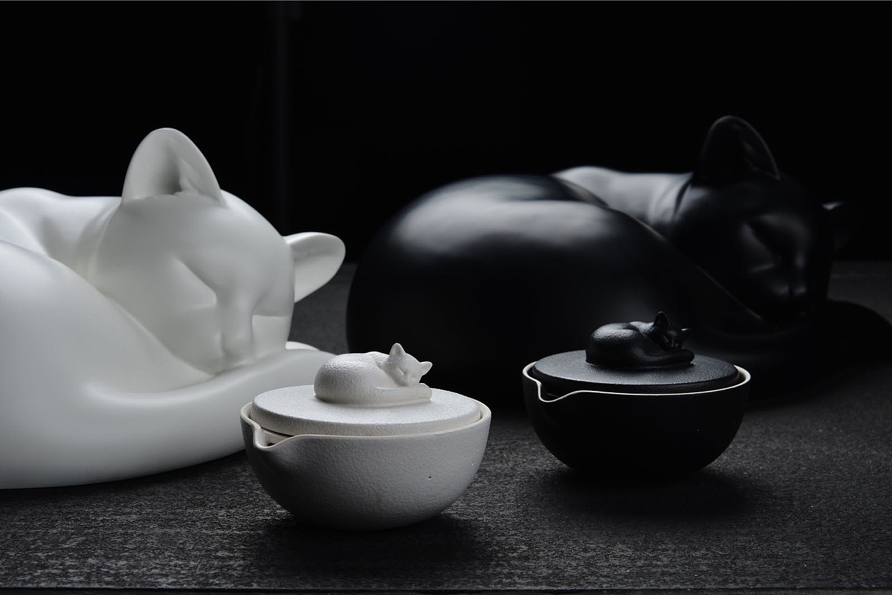 优雅慵懒的猫与人喝茶放松的心境。